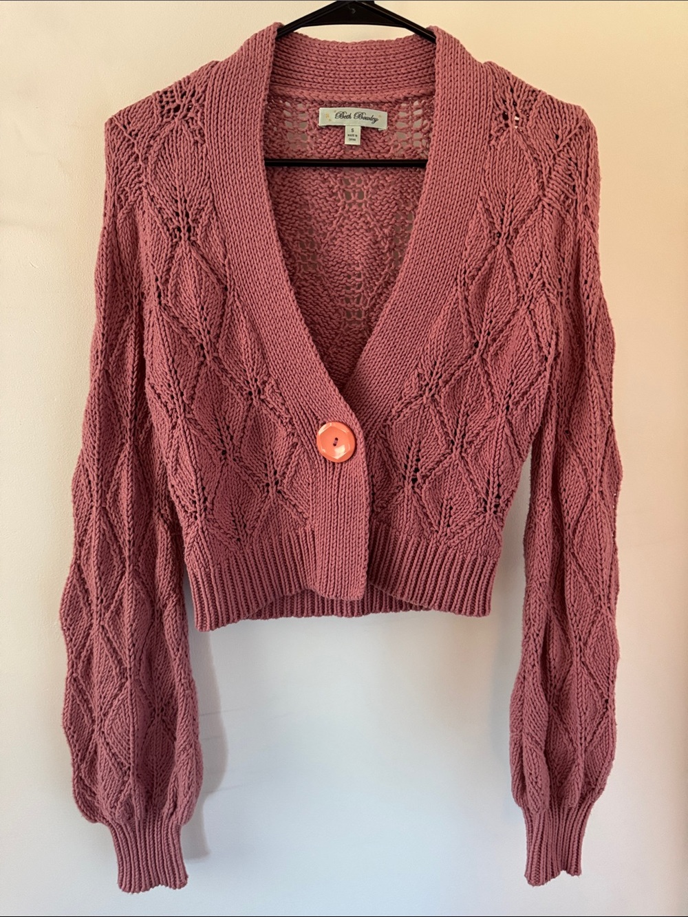 Vintage 90s/y2k anthro Beth Bowley Cropped Open Knit Cardigan Sweater -Rose Pink